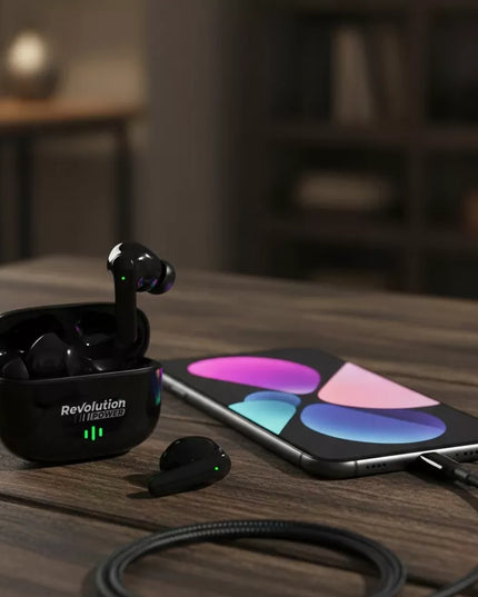 BELIAIDŽIAI AUSINUKAI BLUETOOTH 5.3 STEREO BASS ĮKIŠAMI Į AUSIS JUODI