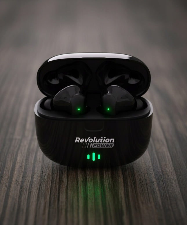 BELIAIDŽIAI AUSINUKAI BLUETOOTH 5.3 STEREO BASS ĮKIŠAMI Į AUSIS JUODI