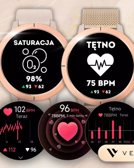 Moteriškas išmanusis laikrodis Vess DM76 GPS AMOLED auksiniu korpusu su skambinimo funkcija, lenkišku meniu ir 2 keičiamais dirželiais