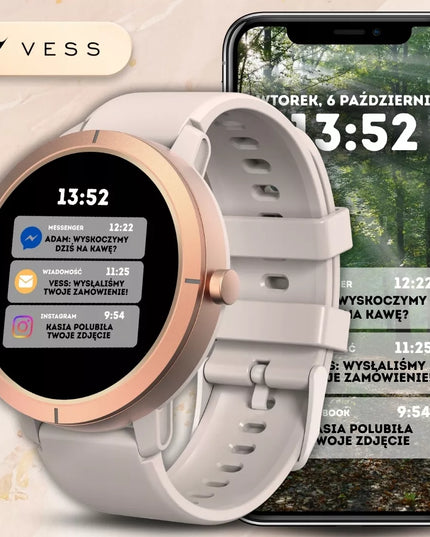 Moteriškas išmanusis laikrodis Vess DM76 GPS AMOLED auksiniu korpusu su skambinimo funkcija, lenkišku meniu ir 2 keičiamais dirželiais