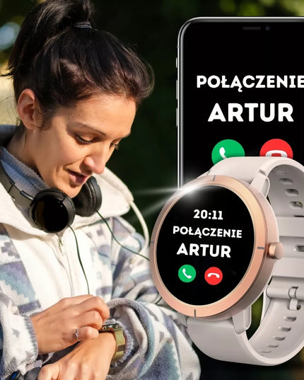 Moteriškas išmanusis laikrodis Vess DM76 GPS AMOLED auksiniu korpusu su skambinimo funkcija, lenkišku meniu ir 2 keičiamais dirželiais