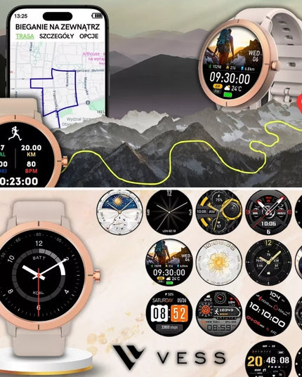 Moteriškas išmanusis laikrodis Vess DM76 GPS AMOLED auksiniu korpusu su skambinimo funkcija, lenkišku meniu ir 2 keičiamais dirželiais