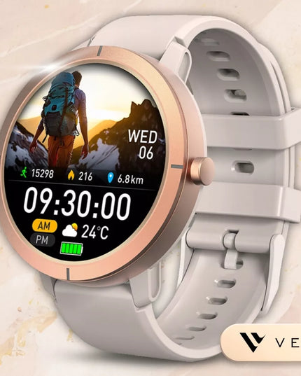 Moteriškas išmanusis laikrodis Vess DM76 GPS AMOLED auksiniu korpusu su skambinimo funkcija, lenkišku meniu ir 2 keičiamais dirželiais