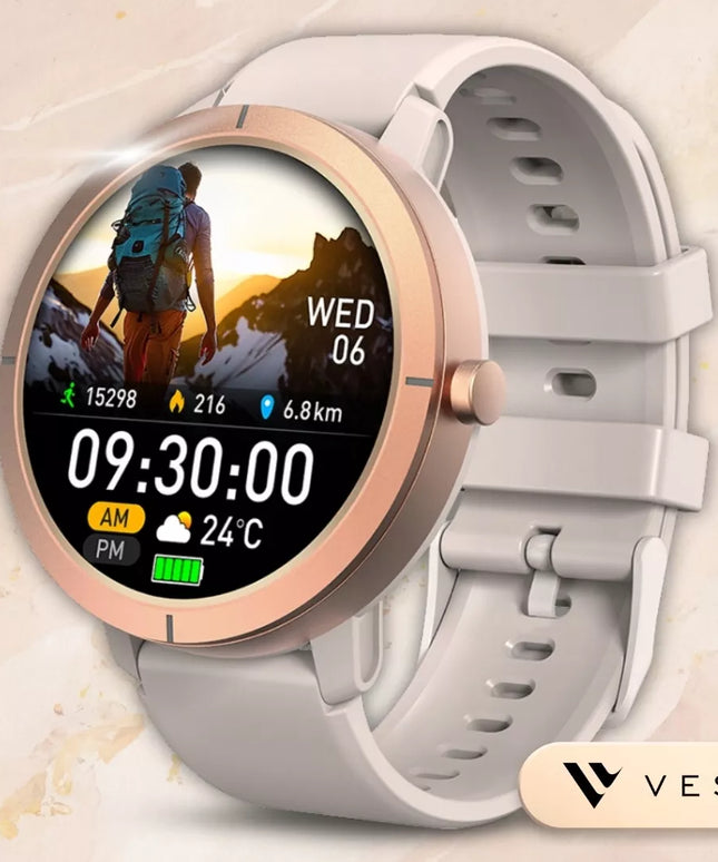 Moteriškas išmanusis laikrodis Vess DM76 GPS AMOLED auksiniu korpusu su skambinimo funkcija, lenkišku meniu ir 2 keičiamais dirželiais