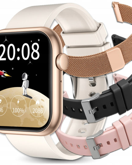 SMARTWATCH Moteriškas Laikrodis Pokalbiai Lenkiškas Meniu Cukraus Matuoklis Auksinis + 4 Apyrankės