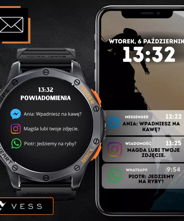 Vyriškas išmanusis laikrodis Vess K67 su GPS, vandeniui atsparus, sporto režimai ir skambučiai