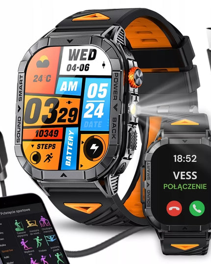Vyriškas sportinis išmanusis laikrodis Vess K70A su Bluetooth skambučiais ir atsparus vandeniui, meniu lenkų kalba