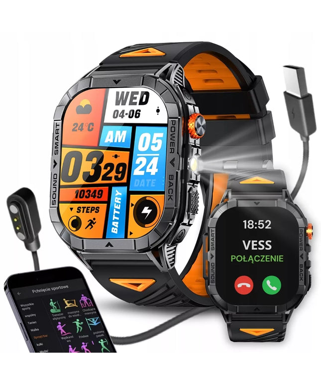 Vyriškas sportinis išmanusis laikrodis Vess K70A su Bluetooth skambučiais ir atsparus vandeniui, meniu lenkų kalba