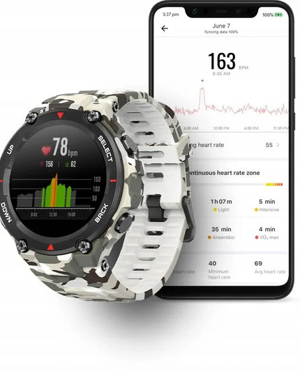 Išmanusis laikrodis „Amazfit T-Rex“, „Camo Green“, 5 ATM, „Bluetooth“, GPS, 390 mAh