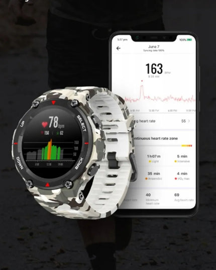 Išmanusis laikrodis „Amazfit T-Rex“, „Camo Green“, 5 ATM, „Bluetooth“, GPS, 390 mAh