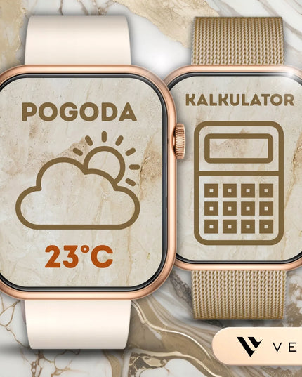 Išmanusis laikrodis Vess K7PRO moteriškas, aukso spalvos, vandeniui atsparus, skambučiai, žinutės, lietuviškas meniu + 4 dirželiai