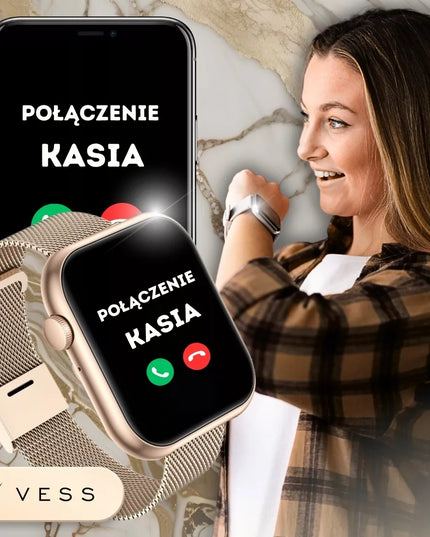 Išmanusis laikrodis Vess K7PRO moteriškas, aukso spalvos, vandeniui atsparus, skambučiai, žinutės, lietuviškas meniu + 4 dirželiai