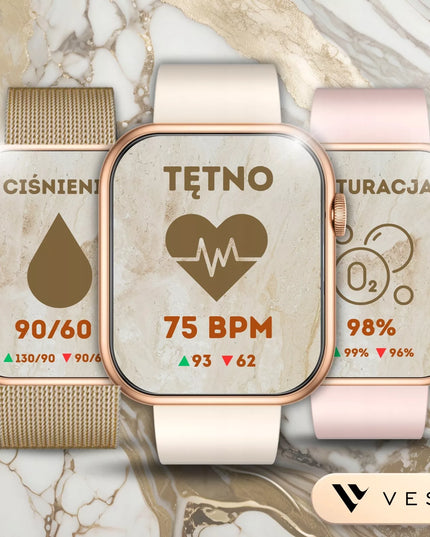 Išmanusis laikrodis Vess K7PRO moteriškas, aukso spalvos, vandeniui atsparus, skambučiai, žinutės, lietuviškas meniu + 4 dirželiai