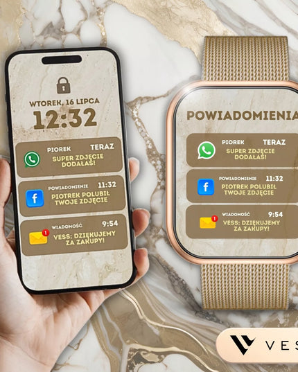 Išmanusis laikrodis Vess K7PRO moteriškas, aukso spalvos, vandeniui atsparus, skambučiai, žinutės, lietuviškas meniu + 4 dirželiai