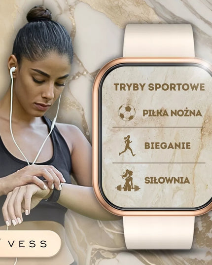 Išmanusis laikrodis Vess K7PRO moteriškas, aukso spalvos, vandeniui atsparus, skambučiai, žinutės, lietuviškas meniu + 4 dirželiai