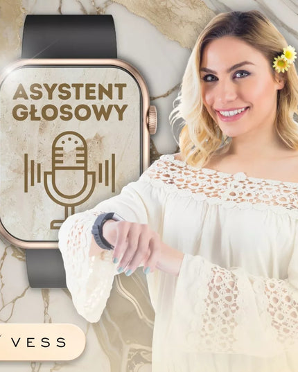 Išmanusis laikrodis Vess K7PRO moteriškas, aukso spalvos, vandeniui atsparus, skambučiai, žinutės, lietuviškas meniu + 4 dirželiai