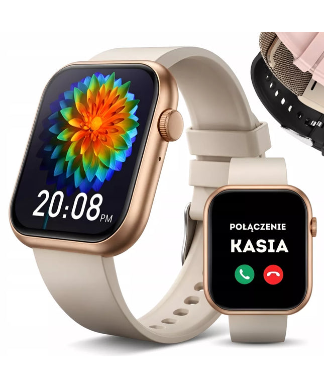Išmanusis laikrodis Vess K7PRO moteriškas, aukso spalvos, vandeniui atsparus, skambučiai, žinutės + 4 dirželiai