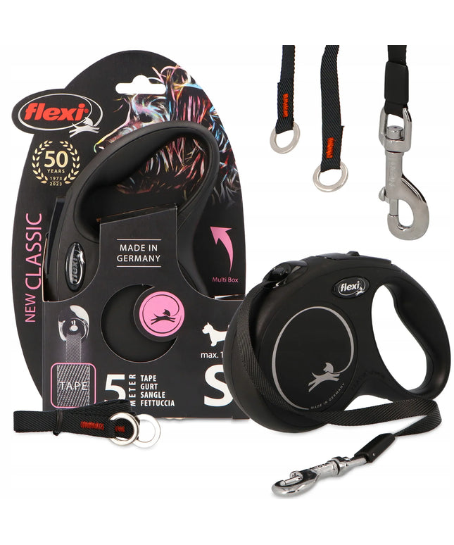 Automatinis „FLEXI New Classic M“ pavadėlis šunims iki 25 kg, juostinis, 5 m, juodas