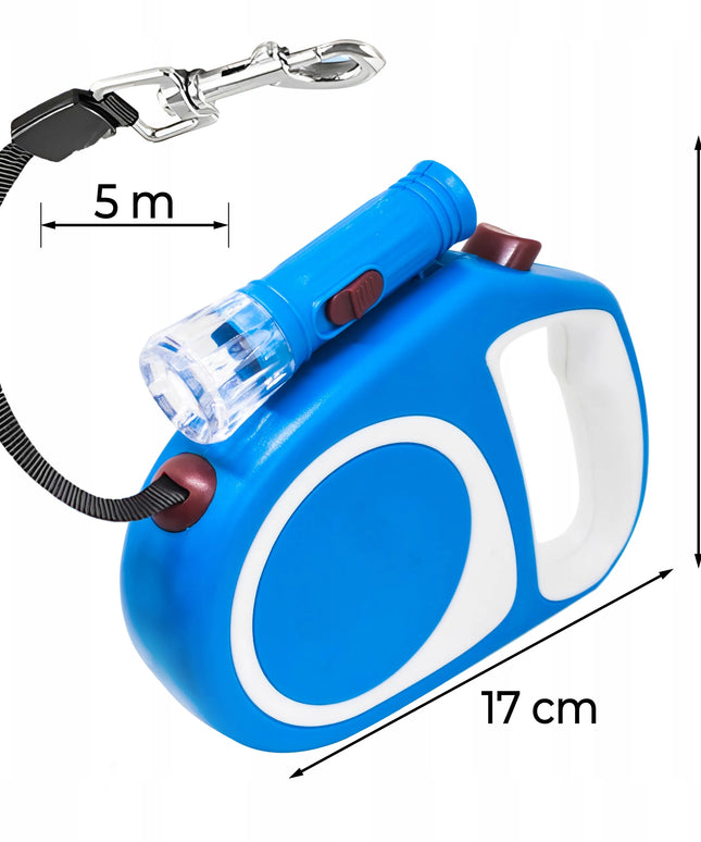 Automatinis pavadėlis šunims ir katėms, tvirtas diržas, 5 m, su stabdymu, iki 15 kg, LED žibintuvėlis