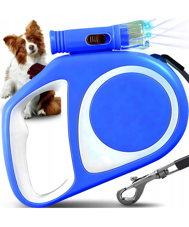 Automatinis pavadėlis šunims ir katėms, tvirtas diržas, 5 m, su stabdymu, iki 15 kg, LED žibintuvėlis