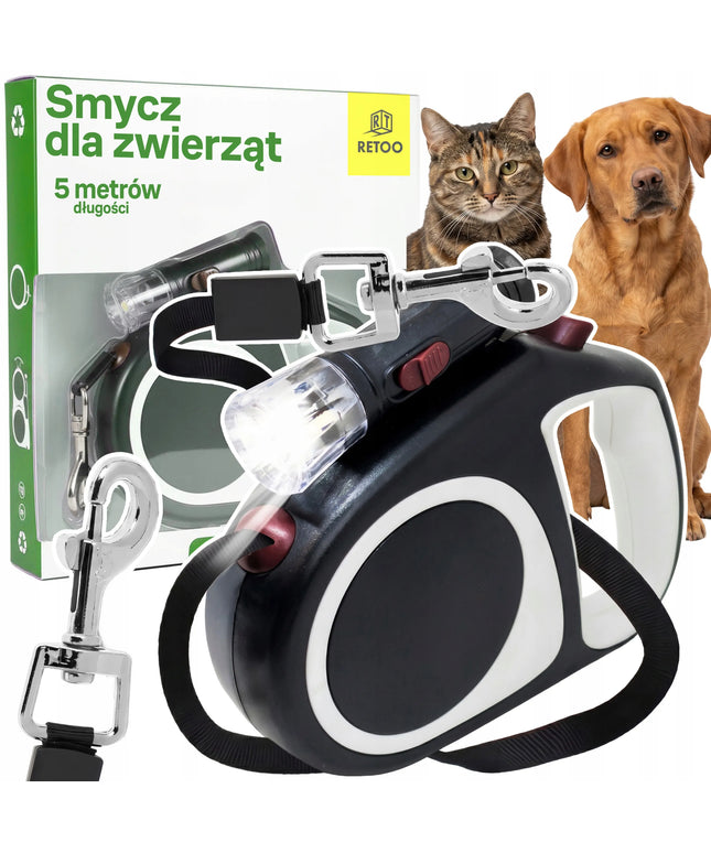 Automatinis pavadėlis šunims ir katėms RETOO su LED žibintuvėliu, 5 m