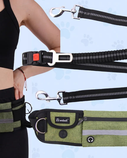 Wobell sportinis juosmens diržas su pavadžiu šunims, reguliuojamas, su amortizatoriumi, iki 50 kg