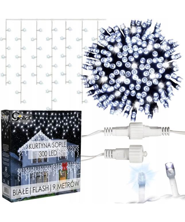VARVEKLIAI 300 LED prailginami 10m FLASH lauko ŠALTAI BALTA