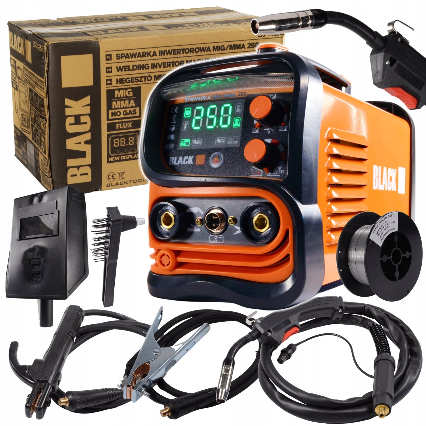 Inverterinis suvirinimo aparatas MIG/MAG/MMA be dujų (Flux), 250A, EURO jungtis, LCD, IGBT