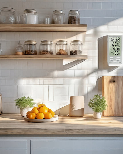 Meteorologinė stotelė LCD Termometras Higrometras Laikrodis Magnetas Baterija Rinkinys