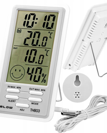 Meteorologinė stotelė LCD Termometras Higrometras Laikrodis Magnetas Baterija Rinkinys