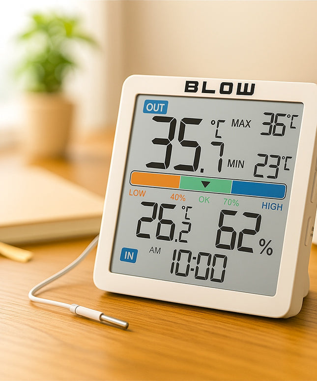 Belaidė meteorologinė stotelė su termometru, higrometru, laikrodžiu ir zondų