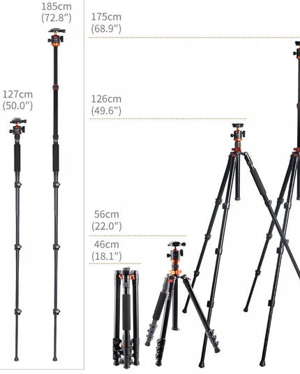 K&F Concept fotoaparato trikojis ir monopodas, 175 cm, galvutė, iki 10 kg