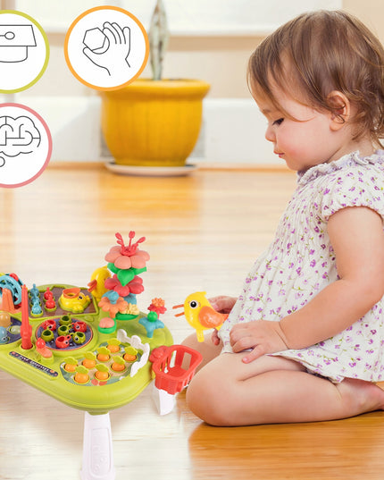 Interaktyvus edukacinis staliukas vaikams su plaktuku, meškere, morkytėmis ir žuvytėmis