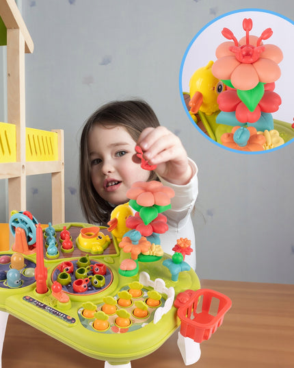 Interaktyvus edukacinis staliukas vaikams su plaktuku, meškere, morkytėmis ir žuvytėmis