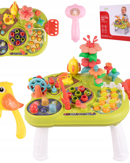 Interaktyvus edukacinis staliukas vaikams su plaktuku, meškere, morkytėmis ir žuvytėmis