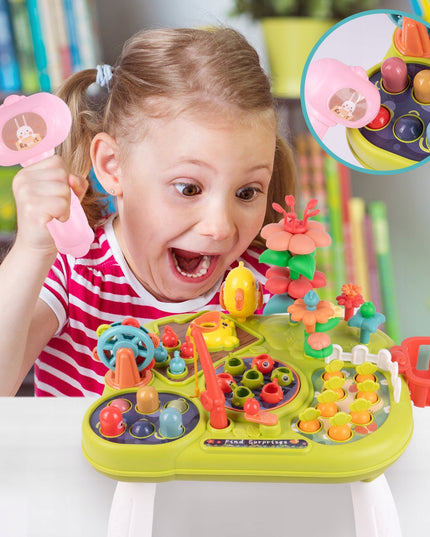 Interaktyvus edukacinis staliukas vaikams su plaktuku, meškere, morkytėmis ir žuvytėmis