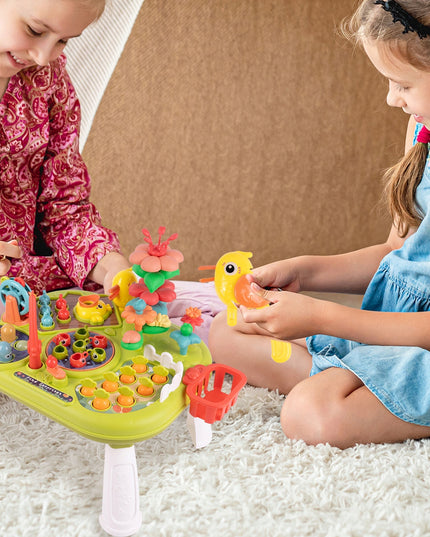 Interaktyvus edukacinis staliukas vaikams su plaktuku, meškere, morkytėmis ir žuvytėmis