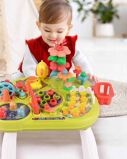 Interaktyvus edukacinis staliukas vaikams su plaktuku, meškere, morkytėmis ir žuvytėmis