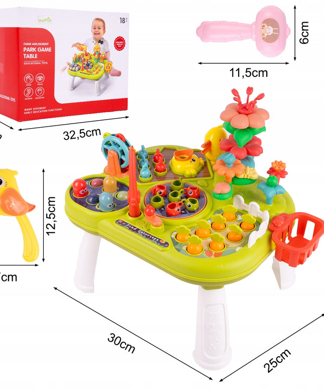 Interaktyvus edukacinis staliukas vaikams su plaktuku, meškere, morkytėmis ir žuvytėmis