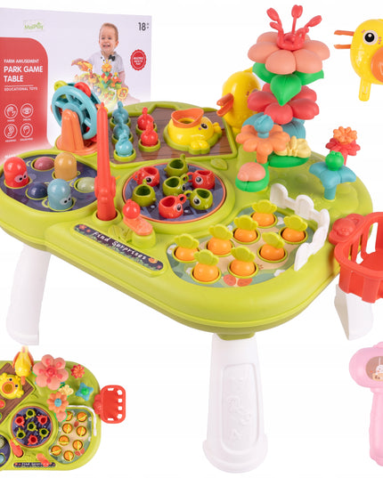 Interaktyvus edukacinis staliukas vaikams su plaktuku, meškere, morkytėmis ir žuvytėmis