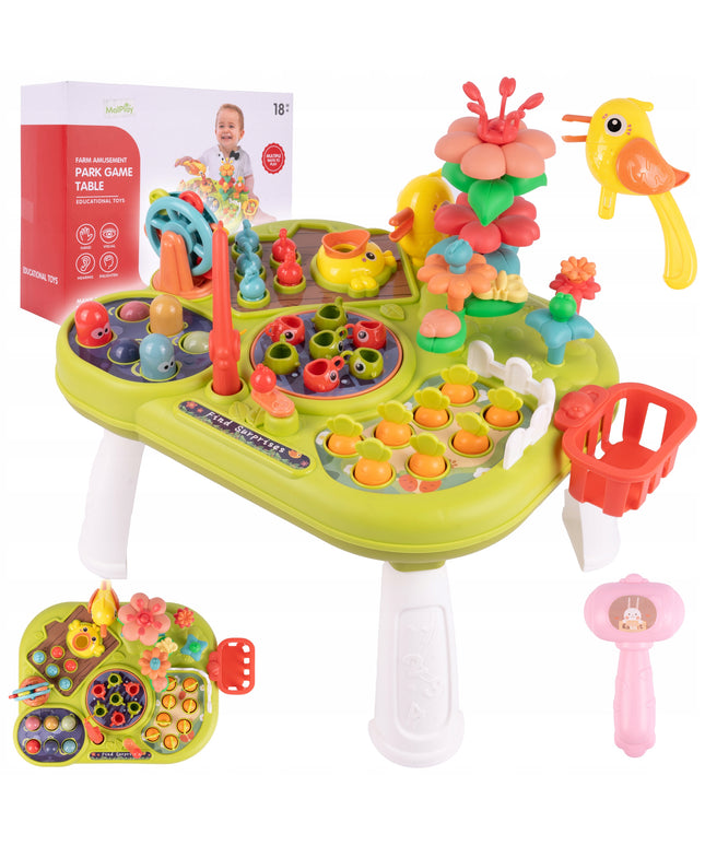 Interaktyvus edukacinis staliukas vaikams su plaktuku, meškere, morkytėmis ir žuvytėmis