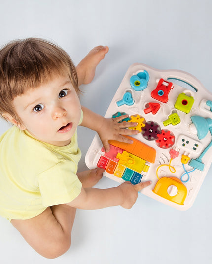 Interaktyvus edukacinis lavinamasis staliukas su spynelėmis, raktais ir pianinu