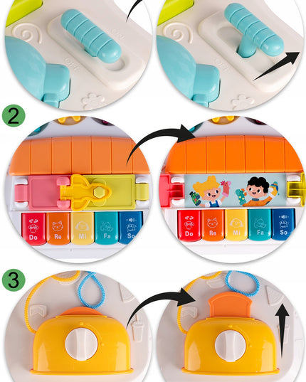 Interaktyvus edukacinis lavinamasis staliukas su spynelėmis, raktais ir pianinu