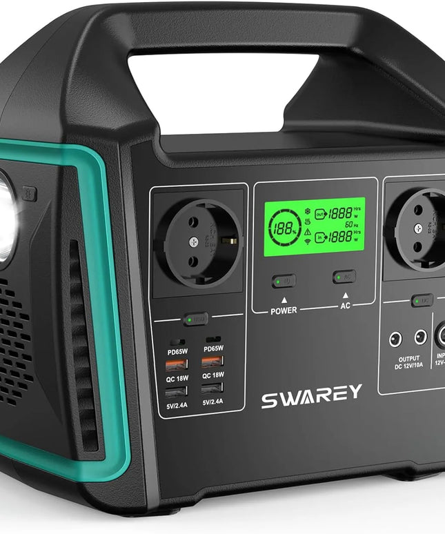 SWAREY nešiojamoji elektros stotelė 725 Wh su 200 W saulės baterija, 1000 W AC išėjimais ir 65 W USB-C