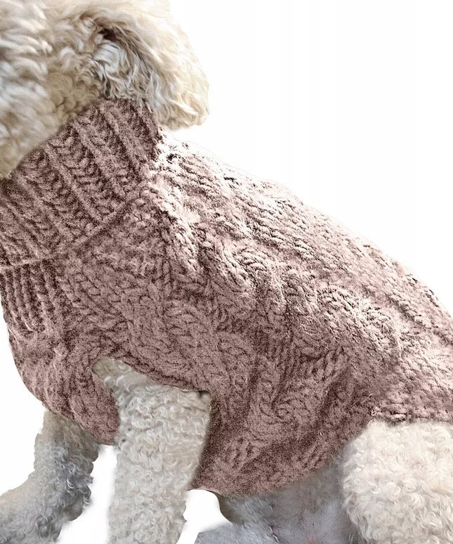 Šiltas žiemos megztinis mažam šuniukui, katei, smėlio spalvos, golfo apykakle, dydis S