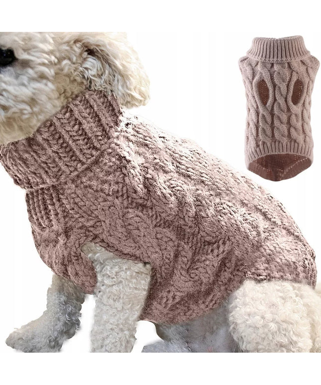 Šiltas žiemos megztinis mažam šuniukui, katei, smėlio spalvos, golfo apykakle, dydis S