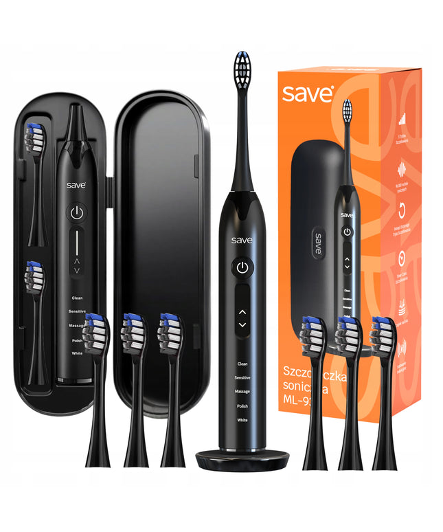 Elektrinis sonic dantų šepetėlis, įkrovimo bazė + 6 antgaliai, dėklas