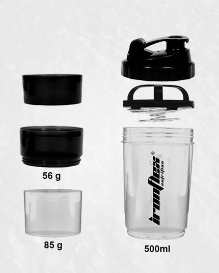 IronFlex Spider sportinis shakeris 500 ml su sieteliu ir papildų talpyklomis