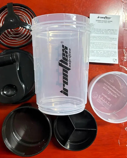 IronFlex Spider sportinis shakeris 500 ml su sieteliu ir papildų talpyklomis