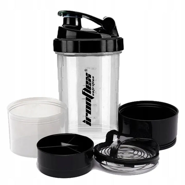IronFlex Spider sportinis shakeris 500 ml su sieteliu ir papildų talpyklomis